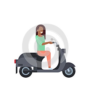 African woman riding electric scooter over white background. motorcycle concept. cartoon full length character. flat