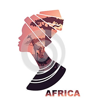 African woman s head silhouette with sunset view