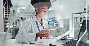 African woman, scientist and tablet in laboratory with data analysis, app and notes for pharma research. Person, lab and