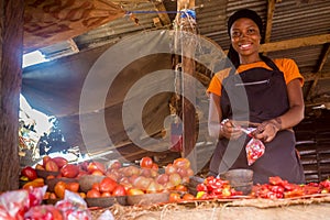 african woman selling food stuff in a local african market smiling