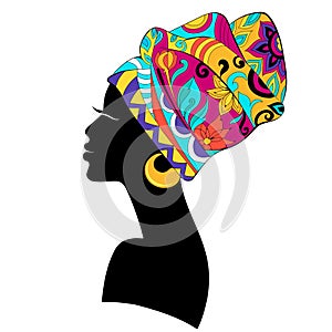 African Woman silhouette with bright multicoloured Turban isolated on white background