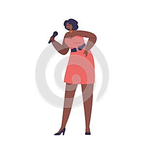 African Woman Singer On Stage With Microphone Singing Song In Jazz Band Or Music Performance. Isolated Black Vocalist