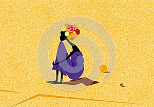 African woman sitting in the desert. Black silhouette on sand background. Minimalistic flat design. Cartoon style
