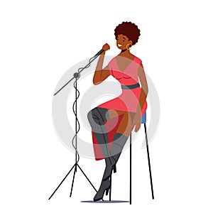 African Woman Sitting on Stage with Microphone Singing Song in Jazz Band or Music Performance. Vocalist Female Character