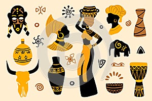 African woman and traditional ethnic vector elements collection