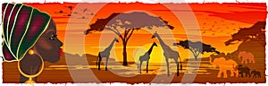 African woman in turban looking at the savannah landscape at sunset, Silhouettes of animals and plants, nature of Africa, park