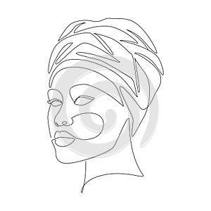 African woman in turban portrait line drawing. Abstract modern women face continuous line art for prints, tattoos, posters,