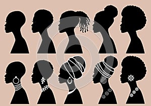 African Women, black girls, profile silhouettes, vector set