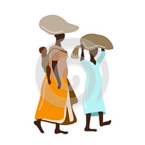 African women in colorful dresses working vector illustration. Black women carrying bag of wheat on heads. Manual labor