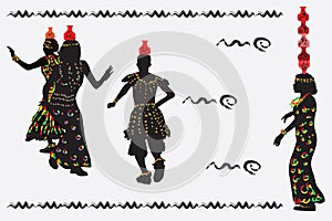 African women and a man dancing a folk dance with pitchers on th