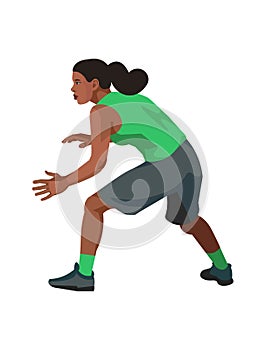 African women\'s basketball girl player in a green jersey who blocks shot of the ball from being thrown into a basket