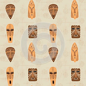 African wooden masks seamless pattern, hand drawn ethnical wallpaper, colorful background