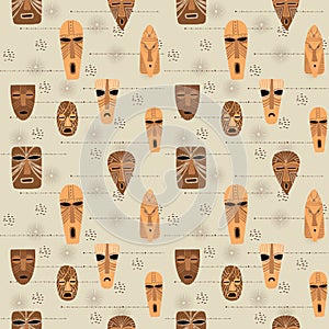 African wooden masks seamless pattern, hand drawn ethnical wallpaper, colorful background