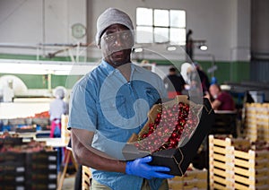 African worker at cherry warehouse