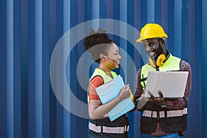 African worker people teamwork happy working together in port cargo shipping industry loading container yard