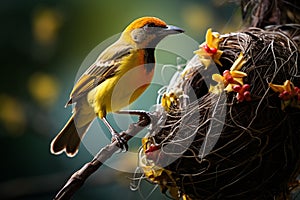 African yellow Weaver Bird on a nest