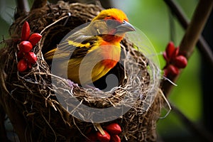 African yellow Weaver Bird on a nest