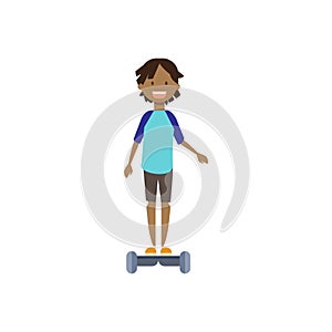 African young boy riding electro scooter over white background. cartoon full length character. flat style