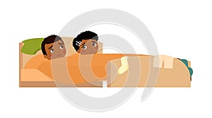 African young couple in bed. Clothes are scattered. Upset man and woman. Unhappy married couple.