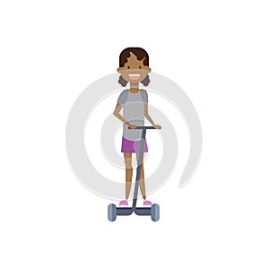African young girl riding kick electro scooter over white background. cartoon full length character. flat style