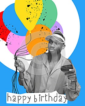 African young man drinking red wine, holding air balloons, celebrating birthday. Creative design. Poster