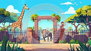 An African zoological park features elephants, zebras, lions, giraffes, monkeys and hippos in a modern cartoon landscape photo