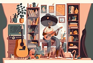 AfricanAmerican woman musician playing some instruments at home. Minimalist illustration. Generative AI illustration photo
