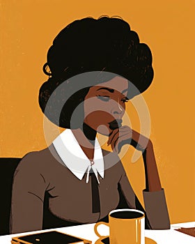 An AfricanAmerican woman seated at her desk with a coffee mug in her hand deep in thought plotting her next career move photo