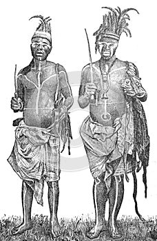 The Africans of wild tribes in national clothes in the old book the History of Culture, by Iu. Lippert, 1899, St. Petersburg