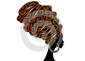 Portrait beautiful African woman in traditional turban, Kente head wrap. Mali Bogolan mud cloth, ethnic dashiki printing, isolated