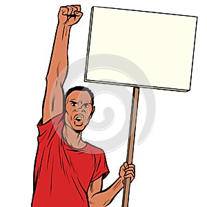 Afrikan man protests with a poster. Isolate on white background photo