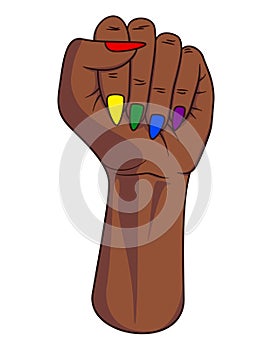 Afro american or african pride fist. Female arm raised with rainbow colored finger nails. Isolated on white background. Unity