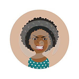 Afro American angry woman face avatar. African girl anger facial expression. Dark-skinned person in rage.