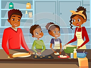 Afro American black family cooking together at kitchen flat cartoon illustration of African parents and children