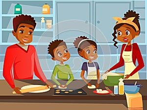 Afro American black family cooking together at kitchen flat cartoon illustration of African parents and children photo