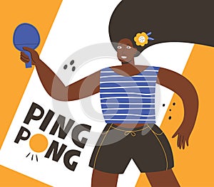 Afro american black skin girl with a tennis racket in his hands. Young woman playing ping pong. Table tennis tournament