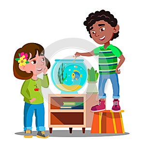 Afro American Boy And White Girl Whatch And Feed Fish In Aquarium Together Vector. Isolated Illustration photo