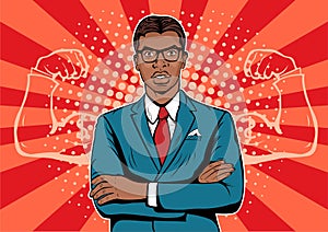 Afro american Businessman with muscles currency dollar pop art retro style