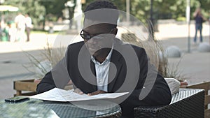 Afro american businessman during work break take an order in restaurant