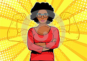 Afro american businesswoman with muscles pop art retro style. Strong Businessman in comic style.