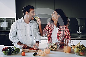Afro American Couple Cooking At Kitchen Concept.