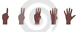 Afro American dark skin color hand palm counting in gesture with fingers one, two, three, four, five. Vector