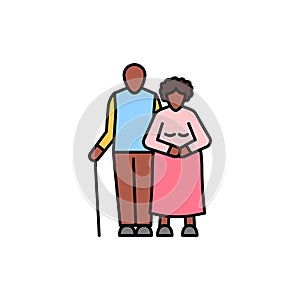 Afro american elderly couple olor line icon. Different stages person's life.