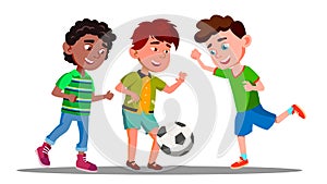 Afro American, European And Asian Boys Play Football In International Football Team Vector. Isolated Illustration