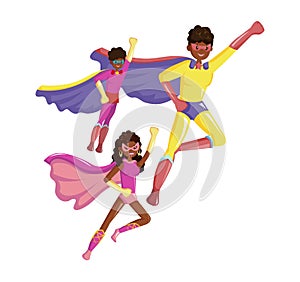 Afro American family superheroes father and children fly together