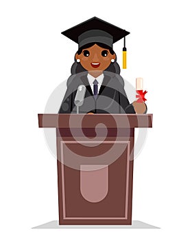 Afro american female graduate solemn education woman graduation tribune speech african character flat design vector photo