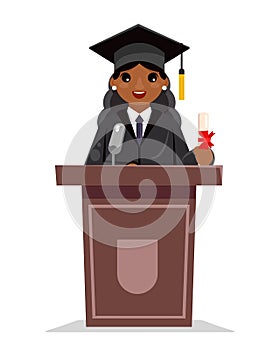 Afro american female graduate solemn education woman graduation tribune speech african character flat design vector