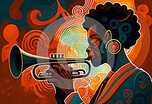 Afro-American female jazz musician trumpeter playing a brass trumpet in an abstract style painting