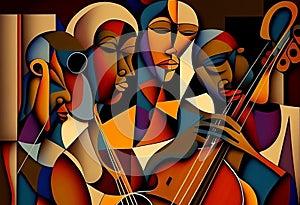 Afro-American female and male classical musician orchestra playing a cello in an abstract cubist style painting photo