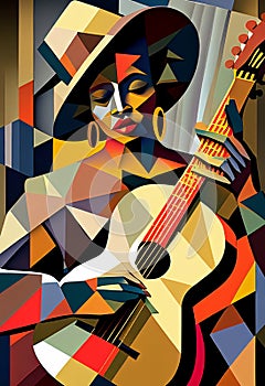 Afro-American female musician guitarist playing an acoustic guitar in an abstract cubist style painting